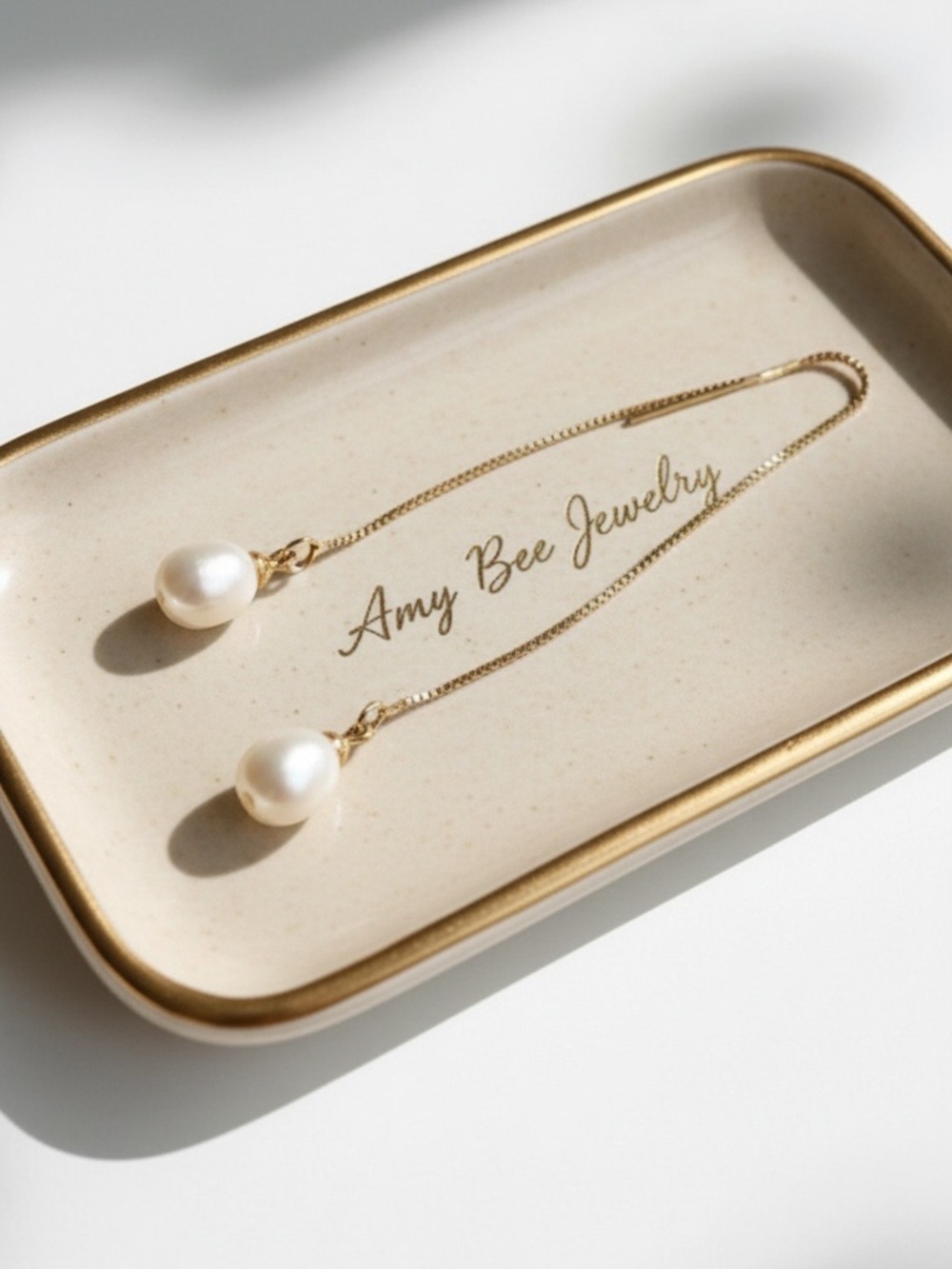 18k Gold Plated Pearl Threader Drop Earrings. New.